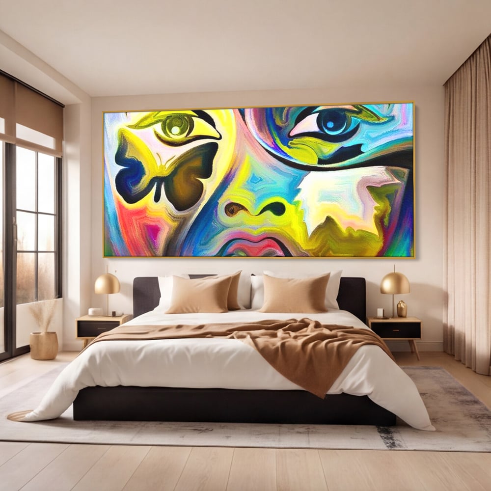 Leinwand Premium Canvas Wandkunst, LuxCanva® M1140, Labyrinth des Blicks, Portrait, Gesicht, Blick, Augen, Gesicht, Schmetterling, Abstrakte Kunst, Mehrfarbig, Transformation, Modern, Büro, Wohnen, Kinderzimmer