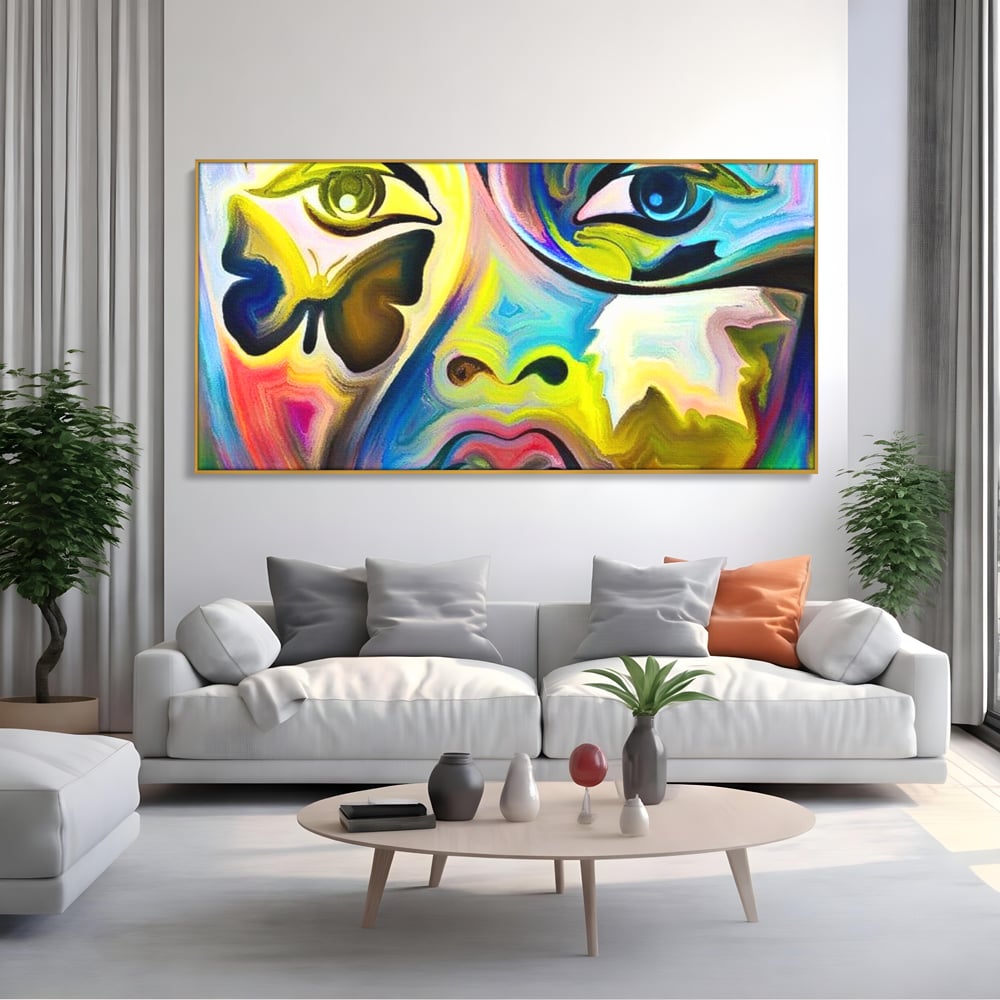 Leinwand Premium Canvas Wandkunst, LuxCanva® M1140, Labyrinth des Blicks, Portrait, Gesicht, Blick, Augen, Gesicht, Schmetterling, Abstrakte Kunst, Mehrfarbig, Transformation, Modern, Büro, Wohnen, Kinderzimmer