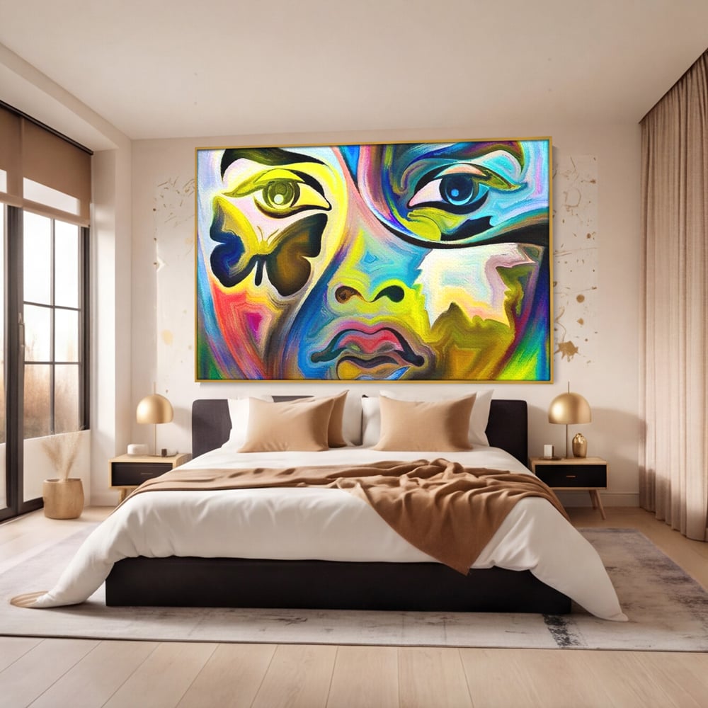 Leinwand Premium Canvas Wandkunst, LuxCanva® M1140, Labyrinth des Blicks, Portrait, Gesicht, Blick, Augen, Gesicht, Schmetterling, Abstrakte Kunst, Mehrfarbig, Transformation, Modern, Büro, Wohnen, Kinderzimmer