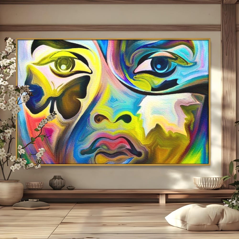 Leinwand Premium Canvas Wandkunst, LuxCanva® M1140, Labyrinth des Blicks, Portrait, Gesicht, Blick, Augen, Gesicht, Schmetterling, Abstrakte Kunst, Mehrfarbig, Transformation, Modern, Büro, Wohnen, Kinderzimmer