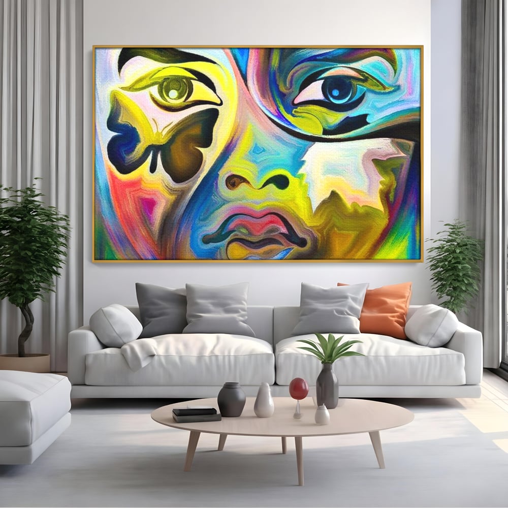 Leinwand Premium Canvas Wandkunst, LuxCanva® M1140, Labyrinth des Blicks, Portrait, Gesicht, Blick, Augen, Gesicht, Schmetterling, Abstrakte Kunst, Mehrfarbig, Transformation, Modern, Büro, Wohnen, Kinderzimmer