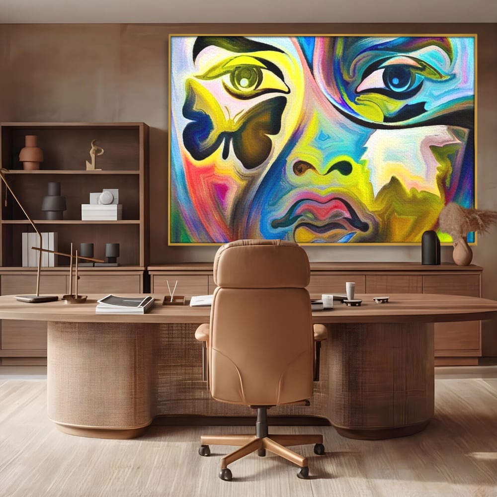 Leinwand Premium Canvas Wandkunst, LuxCanva® M1140, Labyrinth des Blicks, Portrait, Gesicht, Blick, Augen, Gesicht, Schmetterling, Abstrakte Kunst, Mehrfarbig, Transformation, Modern, Büro, Wohnen, Kinderzimmer