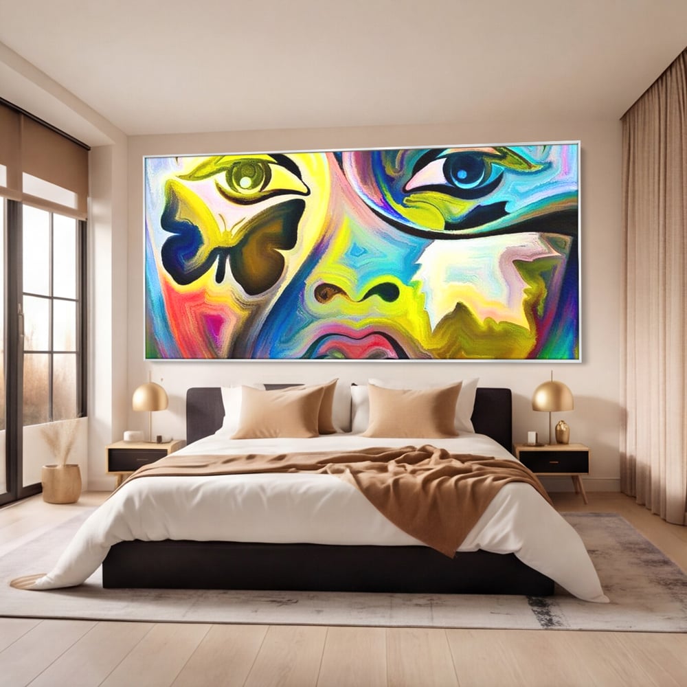 Leinwand Premium Canvas Wandkunst, LuxCanva® M1140, Labyrinth des Blicks, Portrait, Gesicht, Blick, Augen, Gesicht, Schmetterling, Abstrakte Kunst, Mehrfarbig, Transformation, Modern, Büro, Wohnen, Kinderzimmer