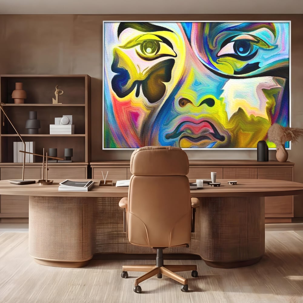 Leinwand Premium Canvas Wandkunst, LuxCanva® M1140, Labyrinth des Blicks, Portrait, Gesicht, Blick, Augen, Gesicht, Schmetterling, Abstrakte Kunst, Mehrfarbig, Transformation, Modern, Büro, Wohnen, Kinderzimmer