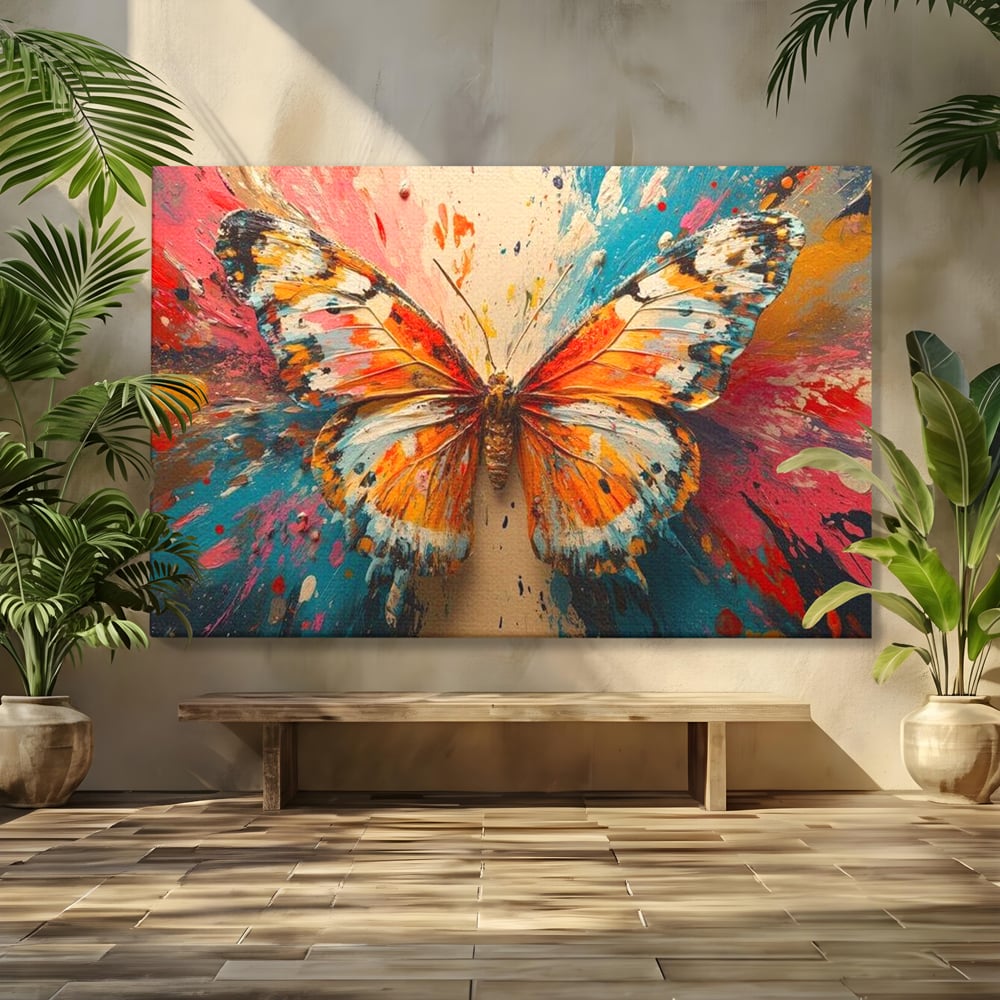 Leinwand Wandkunst Canvas Premium, LuxCanva® M1141, Herbst Schmetterling, Orange, Farbig, Farbig, Malerei, Moderne Kunst, Flügel, Schmetterling, Jahreszeit, Herbst, Spritzer, Urban, Büro, Wohnen, Kinderzimmer