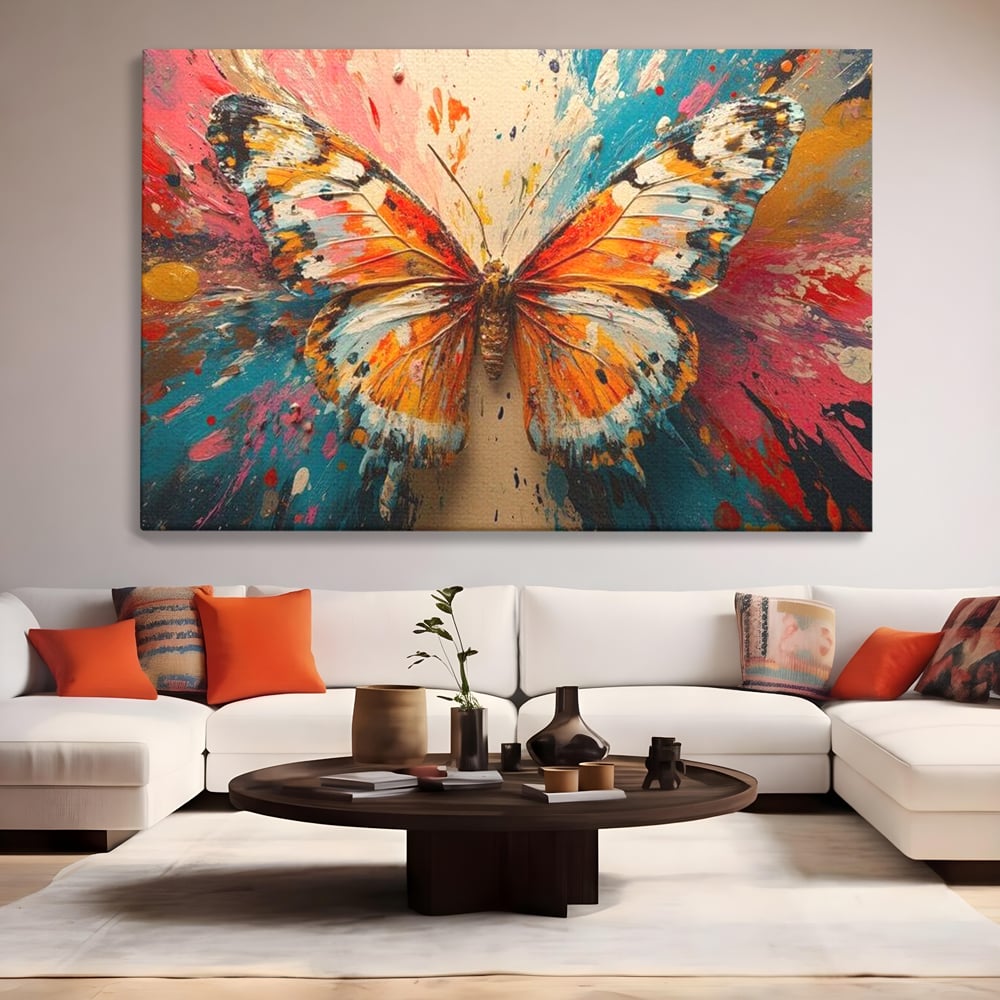 Leinwand Wandkunst Canvas Premium, LuxCanva® M1141, Herbst Schmetterling, Orange, Farbig, Farbig, Malerei, Moderne Kunst, Flügel, Schmetterling, Jahreszeit, Herbst, Spritzer, Urban, Büro, Wohnen, Kinderzimmer