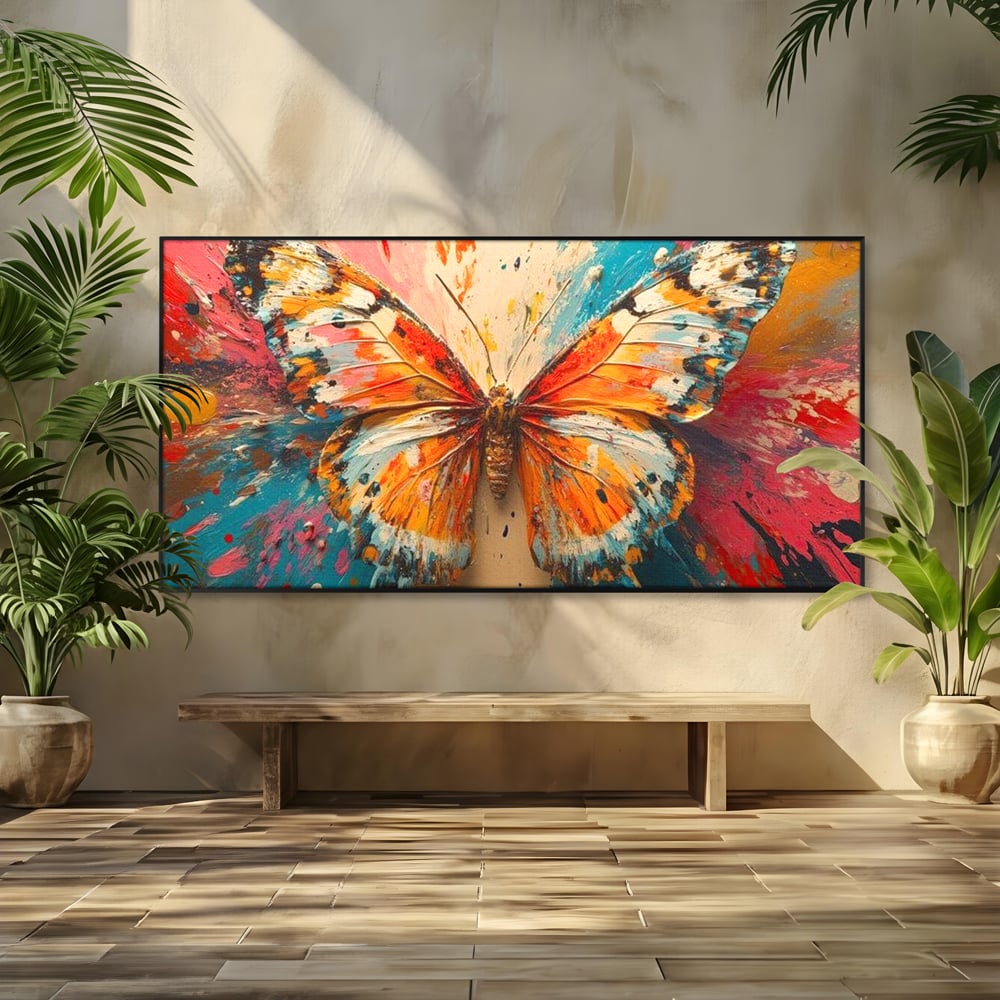 Leinwand Wandkunst Canvas Premium, LuxCanva® M1141, Herbst Schmetterling, Orange, Farbig, Farbig, Malerei, Moderne Kunst, Flügel, Schmetterling, Jahreszeit, Herbst, Spritzer, Urban, Büro, Wohnen, Kinderzimmer