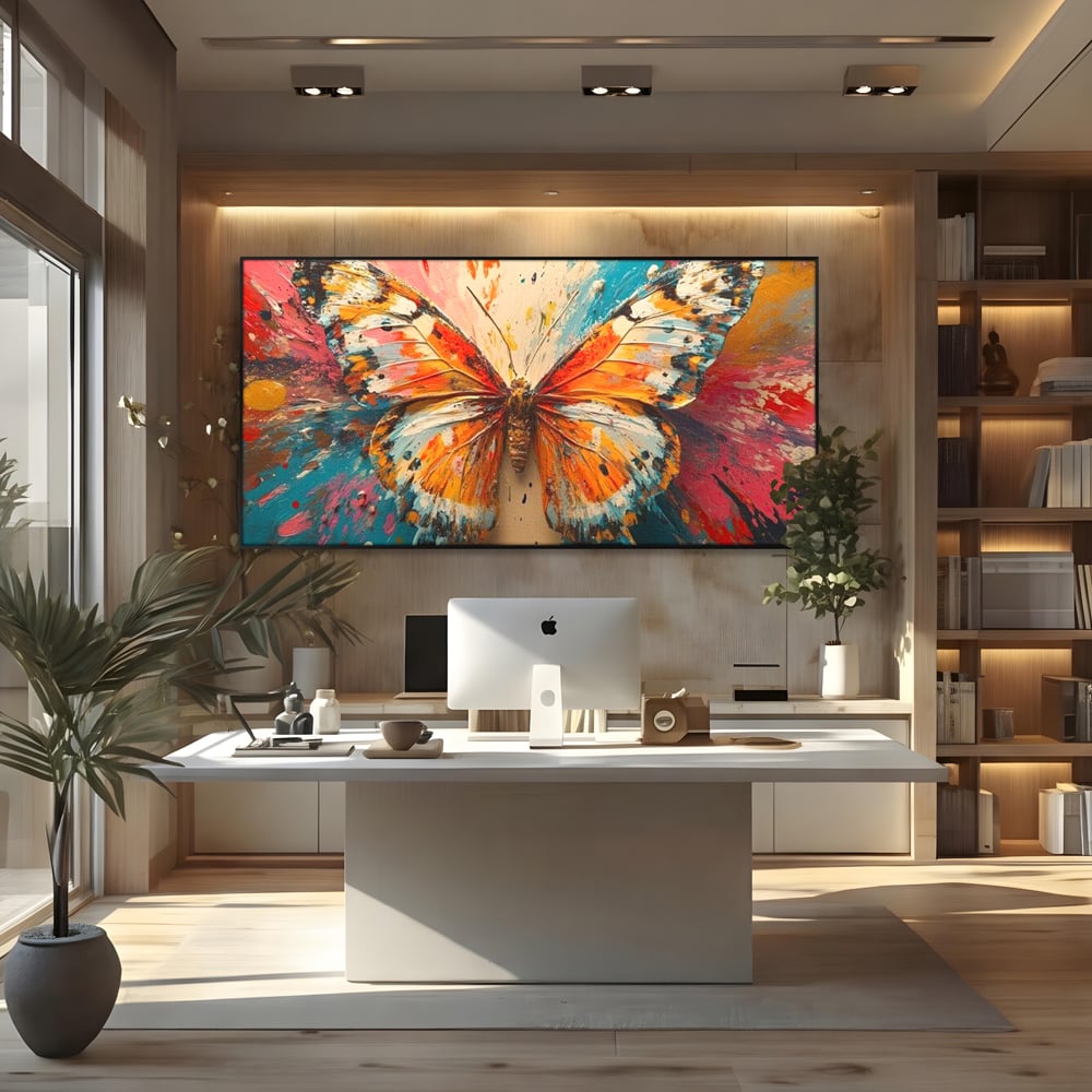 Leinwand Wandkunst Canvas Premium, LuxCanva® M1141, Herbst Schmetterling, Orange, Farbig, Farbig, Malerei, Moderne Kunst, Flügel, Schmetterling, Jahreszeit, Herbst, Spritzer, Urban, Büro, Wohnen, Kinderzimmer