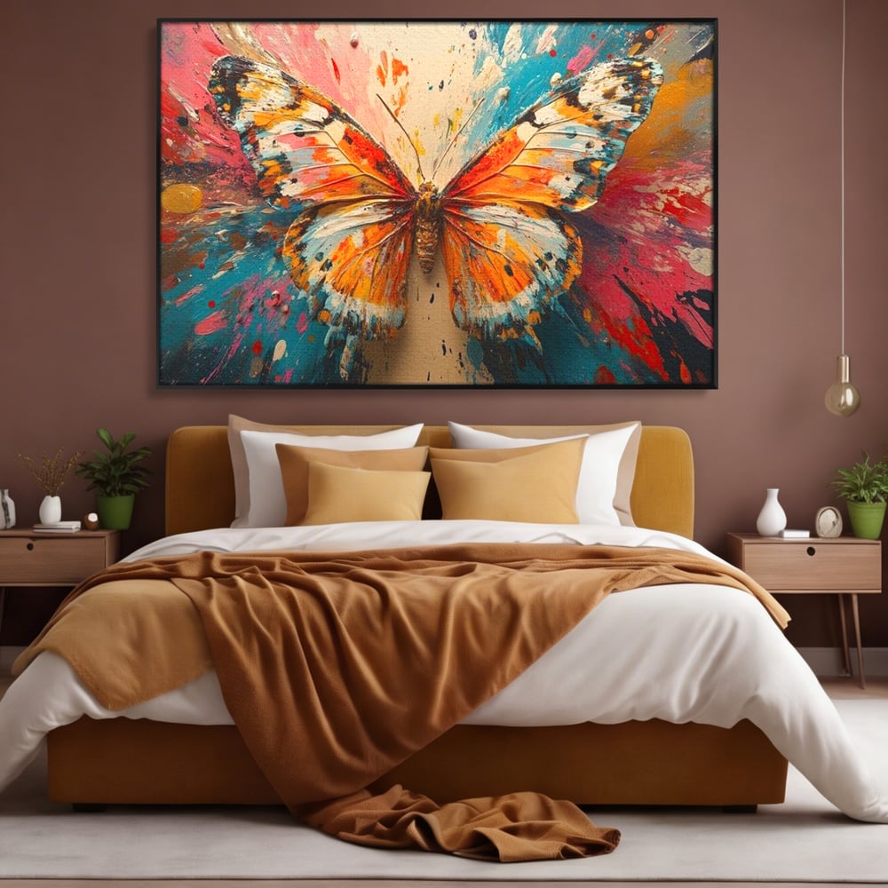 Leinwand Wandkunst Canvas Premium, LuxCanva® M1141, Herbst Schmetterling, Orange, Farbig, Farbig, Malerei, Moderne Kunst, Flügel, Schmetterling, Jahreszeit, Herbst, Spritzer, Urban, Büro, Wohnen, Kinderzimmer