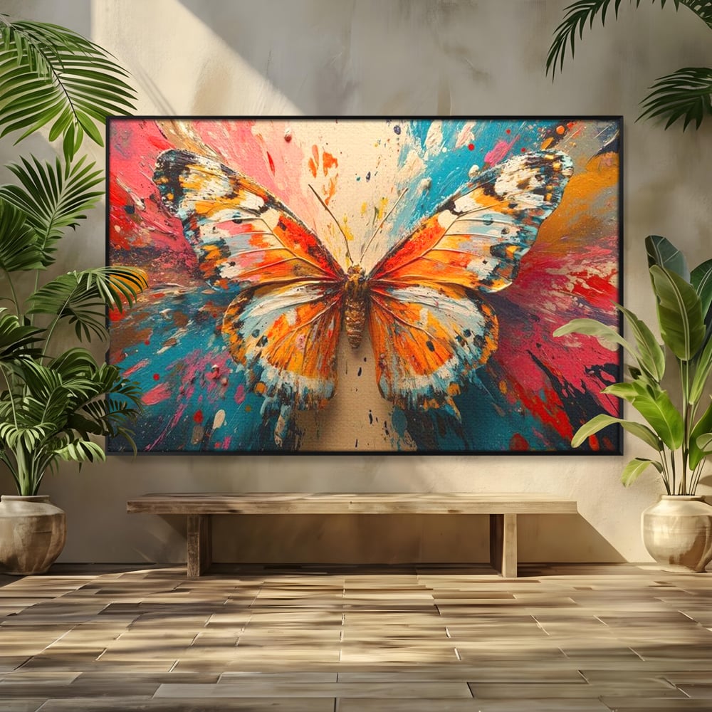 Leinwand Wandkunst Canvas Premium, LuxCanva® M1141, Herbst Schmetterling, Orange, Farbig, Farbig, Malerei, Moderne Kunst, Flügel, Schmetterling, Jahreszeit, Herbst, Spritzer, Urban, Büro, Wohnen, Kinderzimmer