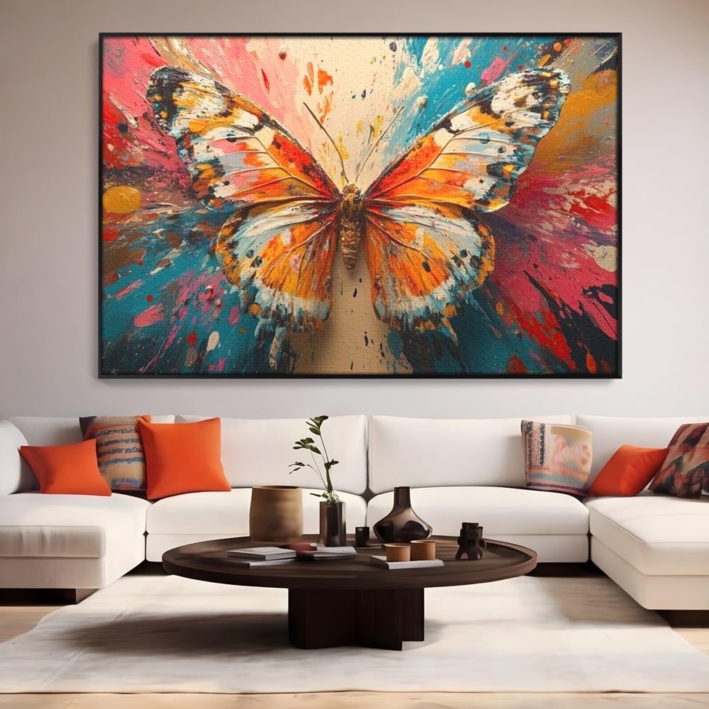 Leinwand Wandkunst Canvas Premium, LuxCanva® M1141, Herbst Schmetterling, Orange, Farbig, Farbig, Malerei, Moderne Kunst, Flügel, Schmetterling, Jahreszeit, Herbst, Spritzer, Urban, Büro, Wohnen, Kinderzimmer