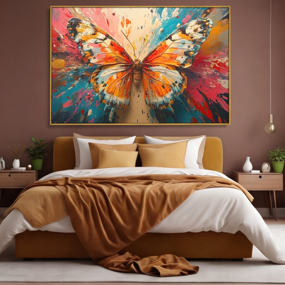 Leinwand Wandkunst Canvas Premium, LuxCanva® M1141, Herbst Schmetterling, Orange, Farbig, Farbig, Malerei, Moderne Kunst, Flügel, Schmetterling, Jahreszeit, Herbst, Spritzer, Urban, Büro, Wohnen, Kinderzimmer