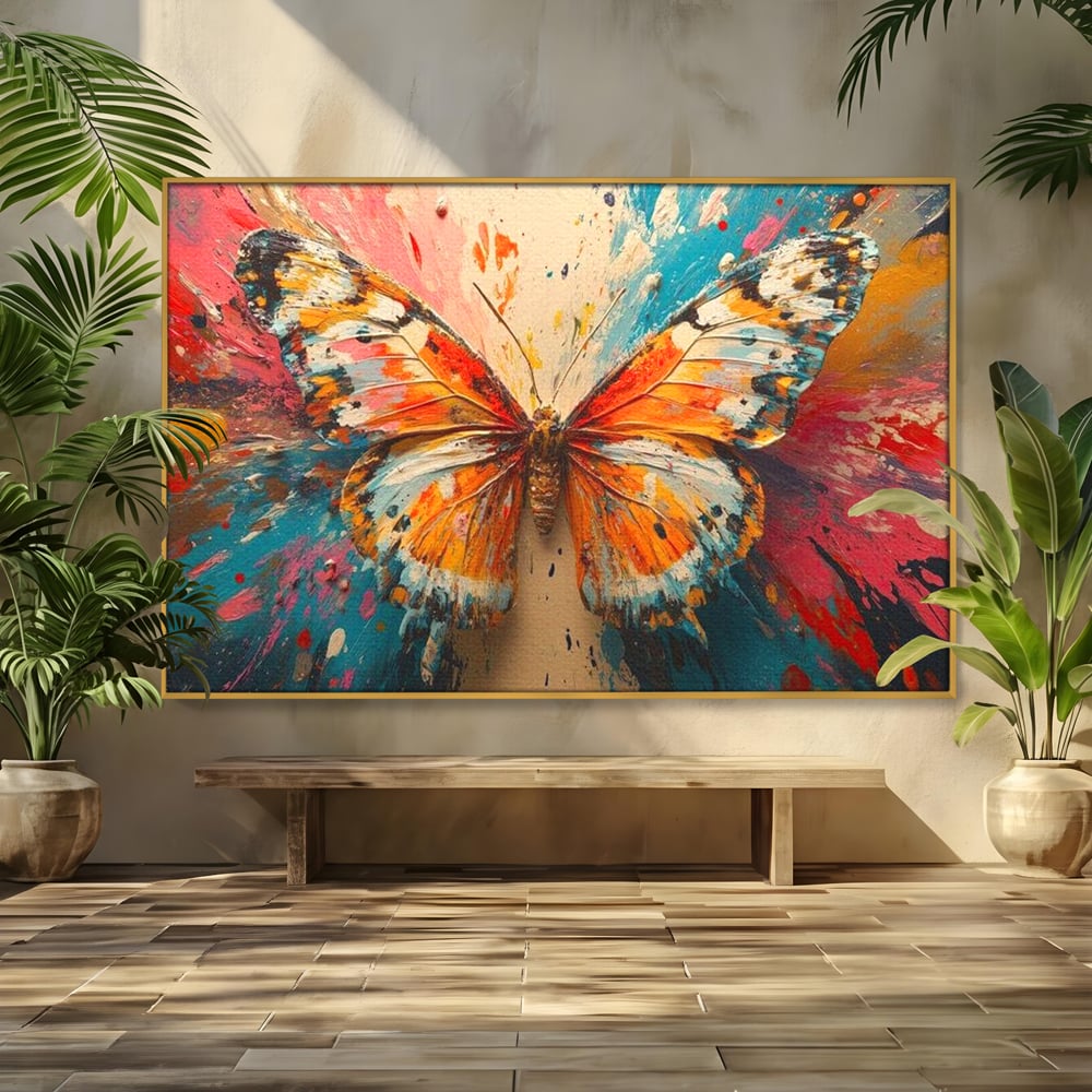 Leinwand Wandkunst Canvas Premium, LuxCanva® M1141, Herbst Schmetterling, Orange, Farbig, Farbig, Malerei, Moderne Kunst, Flügel, Schmetterling, Jahreszeit, Herbst, Spritzer, Urban, Büro, Wohnen, Kinderzimmer