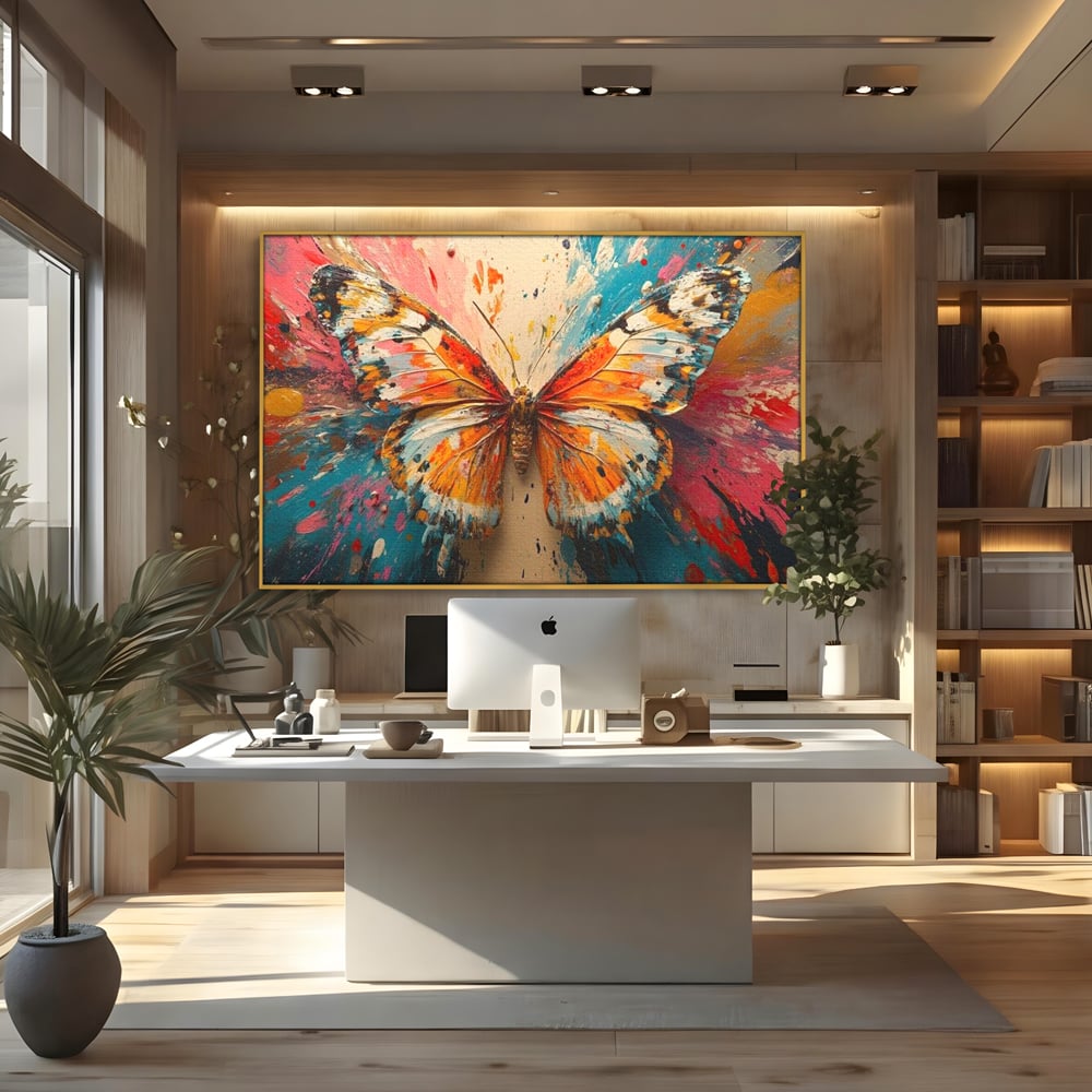 Leinwand Wandkunst Canvas Premium, LuxCanva® M1141, Herbst Schmetterling, Orange, Farbig, Farbig, Malerei, Moderne Kunst, Flügel, Schmetterling, Jahreszeit, Herbst, Spritzer, Urban, Büro, Wohnen, Kinderzimmer