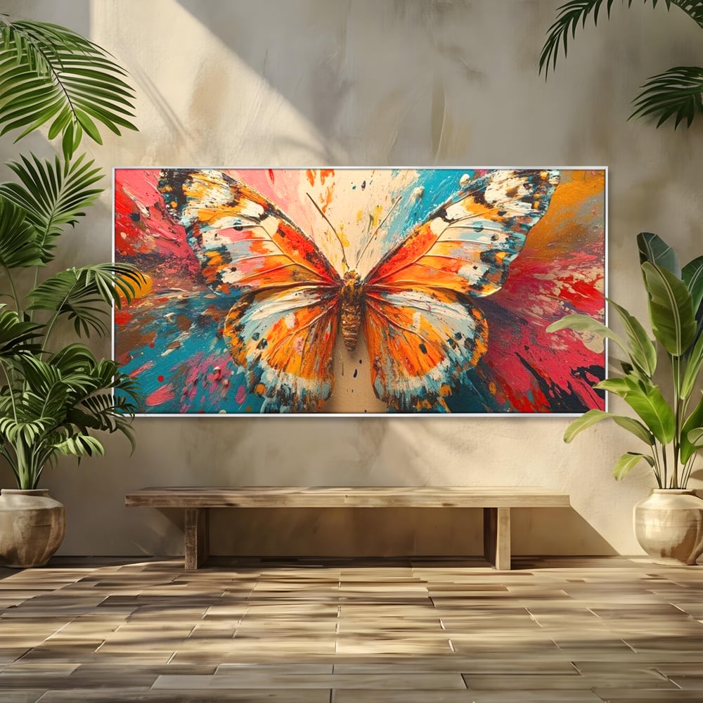 Leinwand Wandkunst Canvas Premium, LuxCanva® M1141, Herbst Schmetterling, Orange, Farbig, Farbig, Malerei, Moderne Kunst, Flügel, Schmetterling, Jahreszeit, Herbst, Spritzer, Urban, Büro, Wohnen, Kinderzimmer