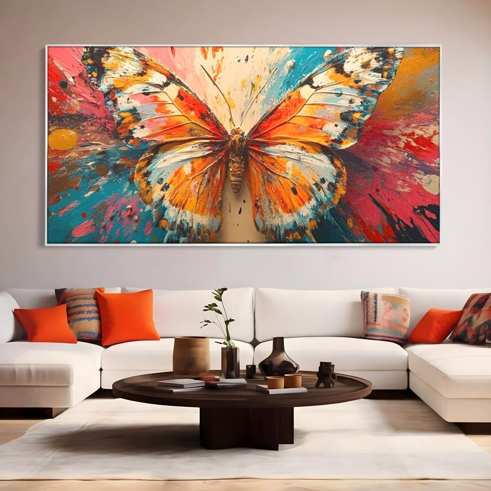 Leinwand Wandkunst Canvas Premium, LuxCanva® M1141, Herbst Schmetterling, Orange, Farbig, Farbig, Malerei, Moderne Kunst, Flügel, Schmetterling, Jahreszeit, Herbst, Spritzer, Urban, Büro, Wohnen, Kinderzimmer