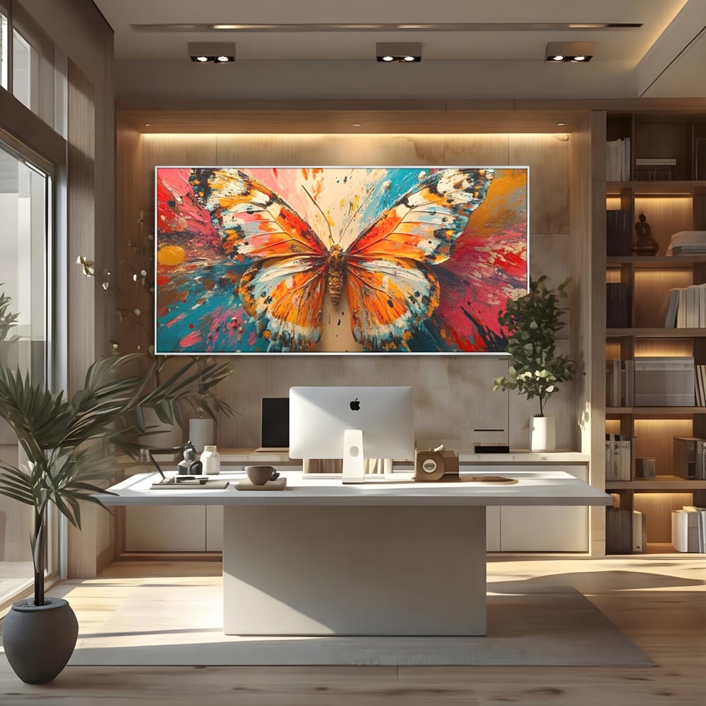 Leinwand Wandkunst Canvas Premium, LuxCanva® M1141, Herbst Schmetterling, Orange, Farbig, Farbig, Malerei, Moderne Kunst, Flügel, Schmetterling, Jahreszeit, Herbst, Spritzer, Urban, Büro, Wohnen, Kinderzimmer