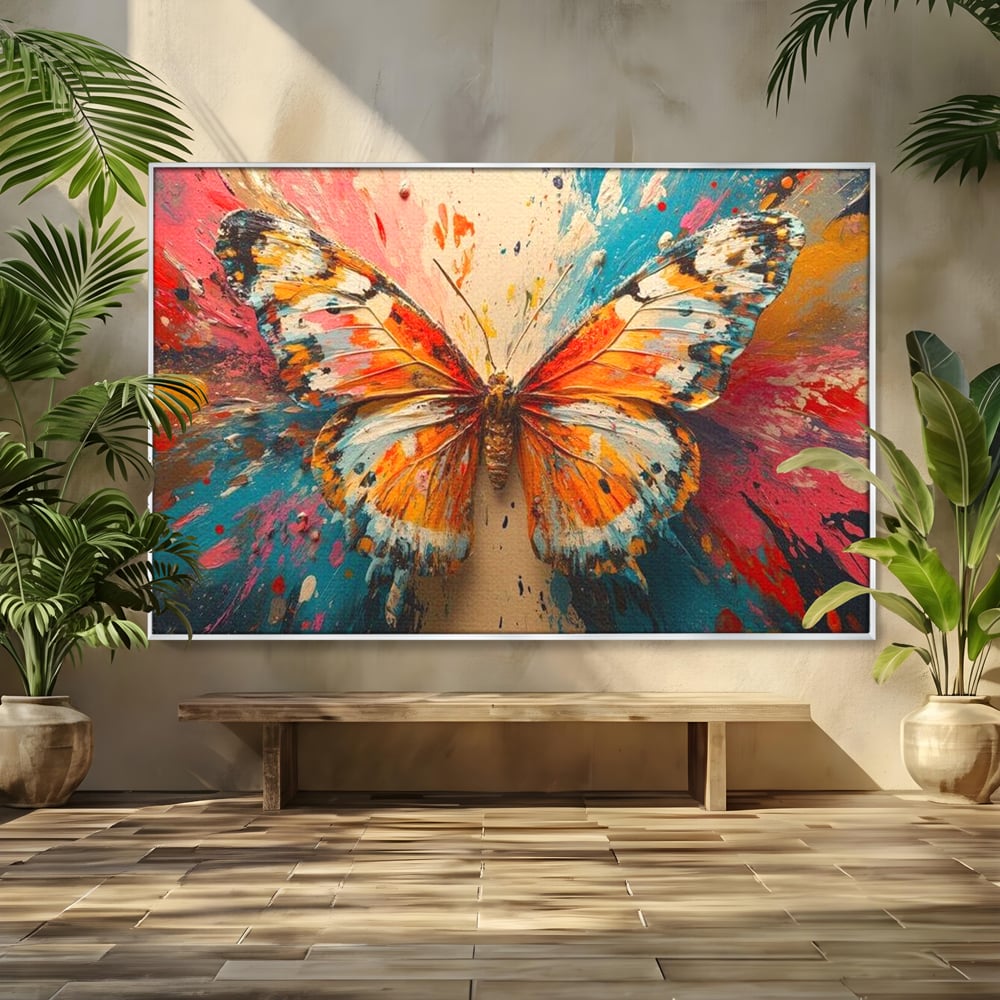 Leinwand Wandkunst Canvas Premium, LuxCanva® M1141, Herbst Schmetterling, Orange, Farbig, Farbig, Malerei, Moderne Kunst, Flügel, Schmetterling, Jahreszeit, Herbst, Spritzer, Urban, Büro, Wohnen, Kinderzimmer