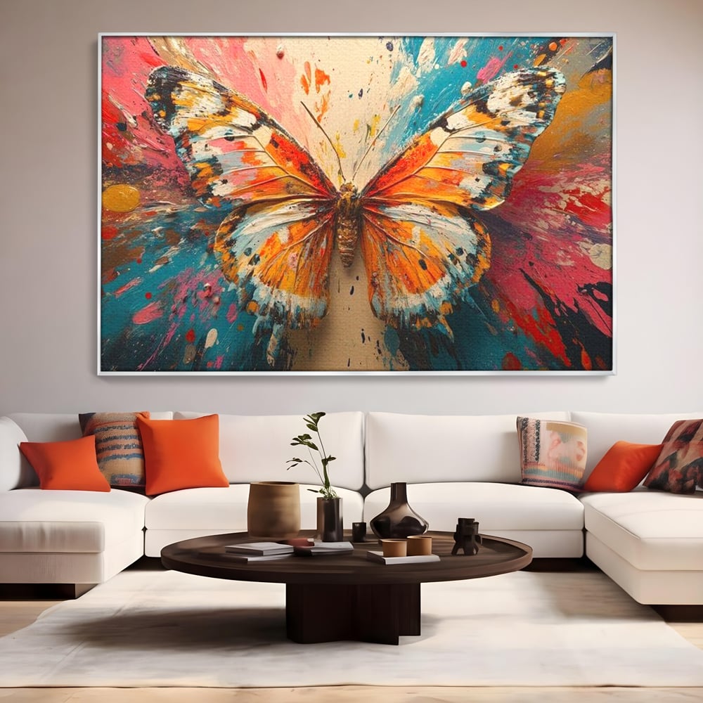 Leinwand Wandkunst Canvas Premium, LuxCanva® M1141, Herbst Schmetterling, Orange, Farbig, Farbig, Malerei, Moderne Kunst, Flügel, Schmetterling, Jahreszeit, Herbst, Spritzer, Urban, Büro, Wohnen, Kinderzimmer