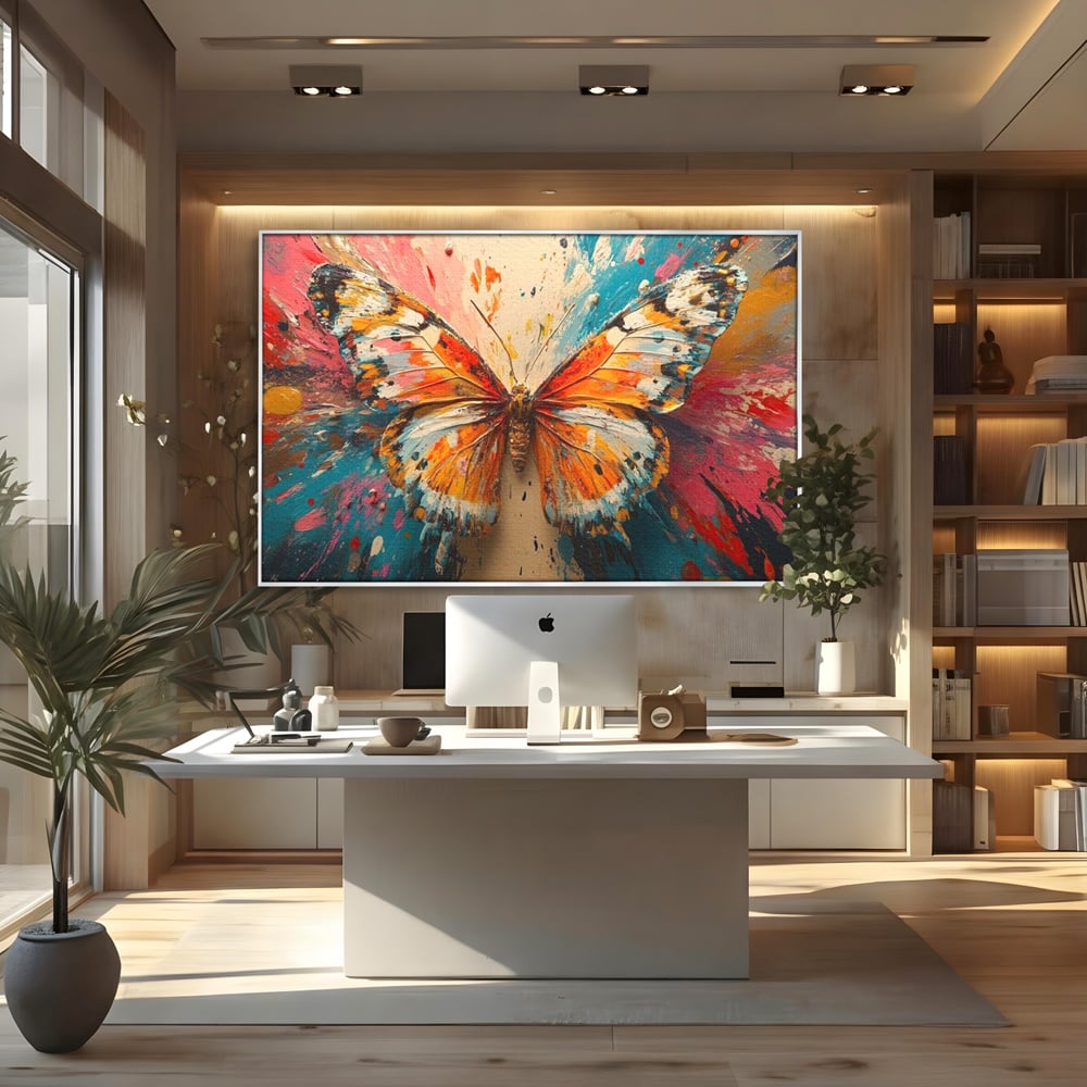 Leinwand Wandkunst Canvas Premium, LuxCanva® M1141, Herbst Schmetterling, Orange, Farbig, Farbig, Malerei, Moderne Kunst, Flügel, Schmetterling, Jahreszeit, Herbst, Spritzer, Urban, Büro, Wohnen, Kinderzimmer