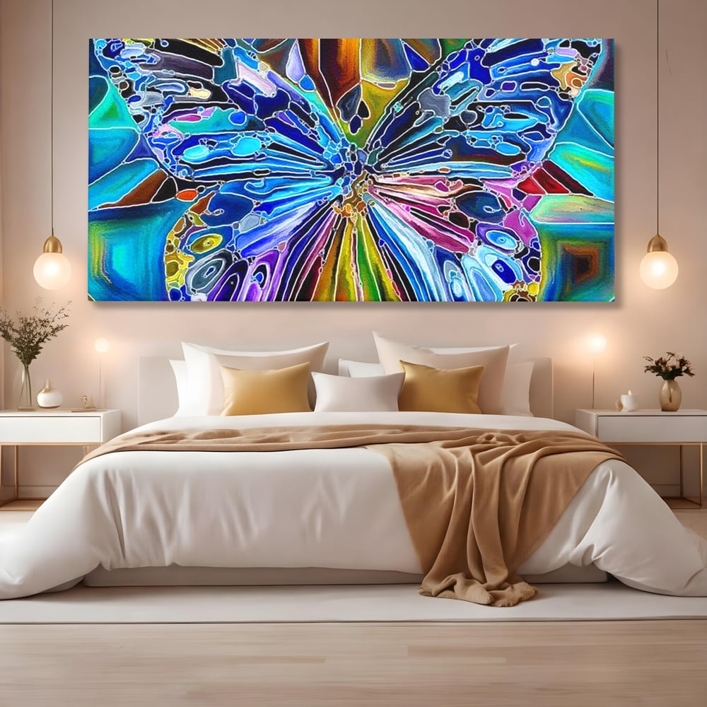 Tablou Canvas Premium, LuxCanva® M1144, Fluture Caleidoscopic, Mozaic, Vitraliu, Abstract, Fluture, Aripi, Caleidoscop, Arta Moderna, Multicolor, Iridescent, Birou, Living, Camera Copil