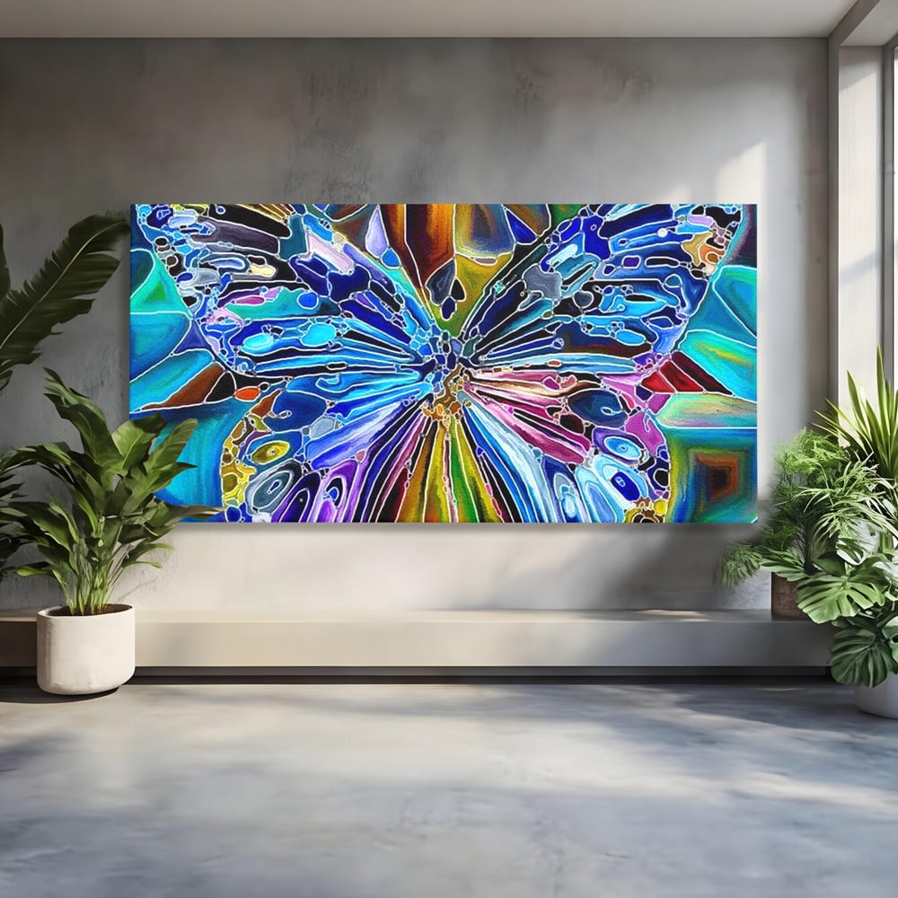 Tablou Canvas Premium, LuxCanva® M1144, Fluture Caleidoscopic, Mozaic, Vitraliu, Abstract, Fluture, Aripi, Caleidoscop, Arta Moderna, Multicolor, Iridescent, Birou, Living, Camera Copil