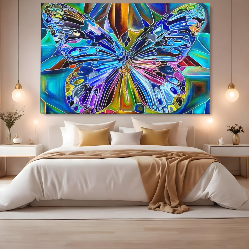 Tablou Canvas Premium, LuxCanva® M1144, Fluture Caleidoscopic, Mozaic, Vitraliu, Abstract, Fluture, Aripi, Caleidoscop, Arta Moderna, Multicolor, Iridescent, Birou, Living, Camera Copil