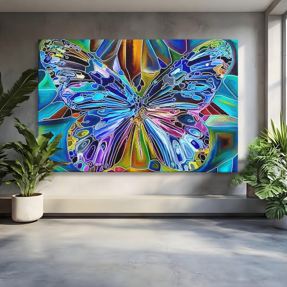 Tablou Canvas Premium, LuxCanva® M1144, Fluture Caleidoscopic, Mozaic, Vitraliu, Abstract, Fluture, Aripi, Caleidoscop, Arta Moderna, Multicolor, Iridescent, Birou, Living, Camera Copil