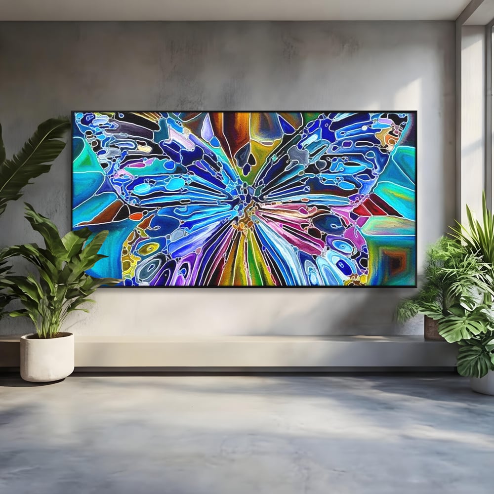 Tablou Canvas Premium, LuxCanva® M1144, Fluture Caleidoscopic, Mozaic, Vitraliu, Abstract, Fluture, Aripi, Caleidoscop, Arta Moderna, Multicolor, Iridescent, Birou, Living, Camera Copil