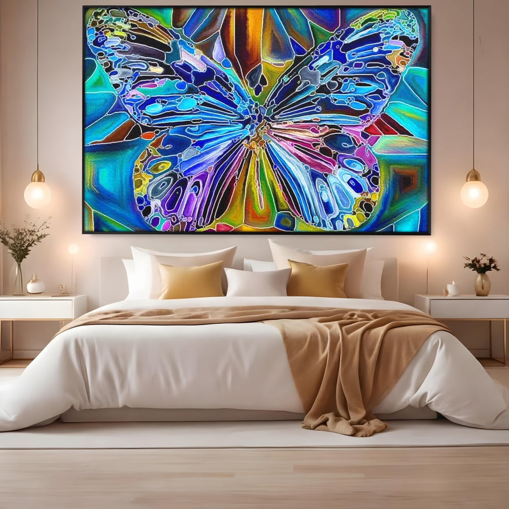 Tablou Canvas Premium, LuxCanva® M1144, Fluture Caleidoscopic, Mozaic, Vitraliu, Abstract, Fluture, Aripi, Caleidoscop, Arta Moderna, Multicolor, Iridescent, Birou, Living, Camera Copil