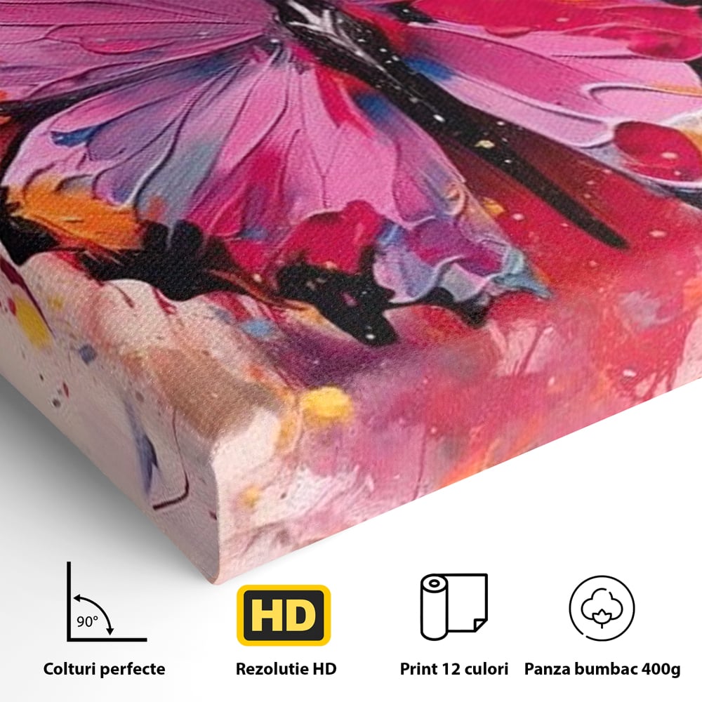 Tablou Canvas Premium, LuxCanva® M1145, Magie in Roz, Fluture, Aripi, Insecta, Graffiti, Street Art, Modern, Multicolor, Roz, Pictura, Picaturi, Stropi, Abstract, Birou, Living, Camera Copil