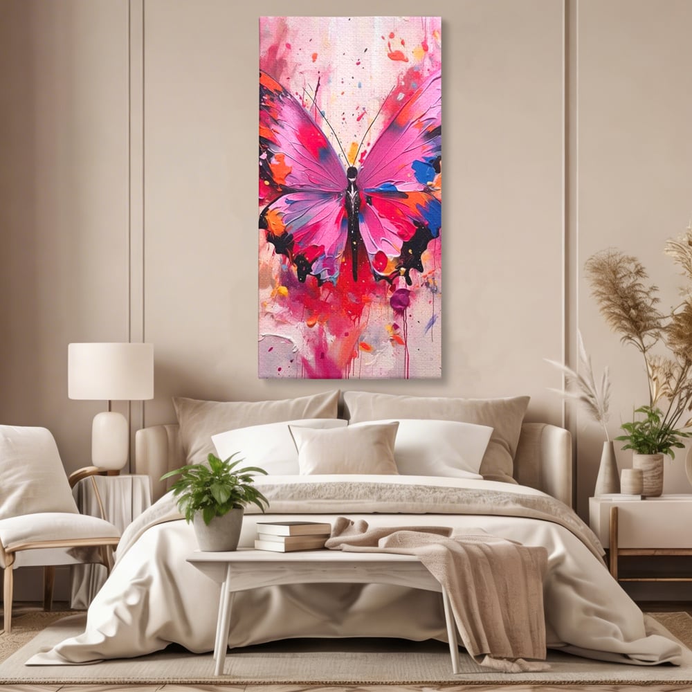 Tablou Canvas Premium, LuxCanva® M1145, Magie in Roz, Fluture, Aripi, Insecta, Graffiti, Street Art, Modern, Multicolor, Roz, Pictura, Picaturi, Stropi, Abstract, Birou, Living, Camera Copil