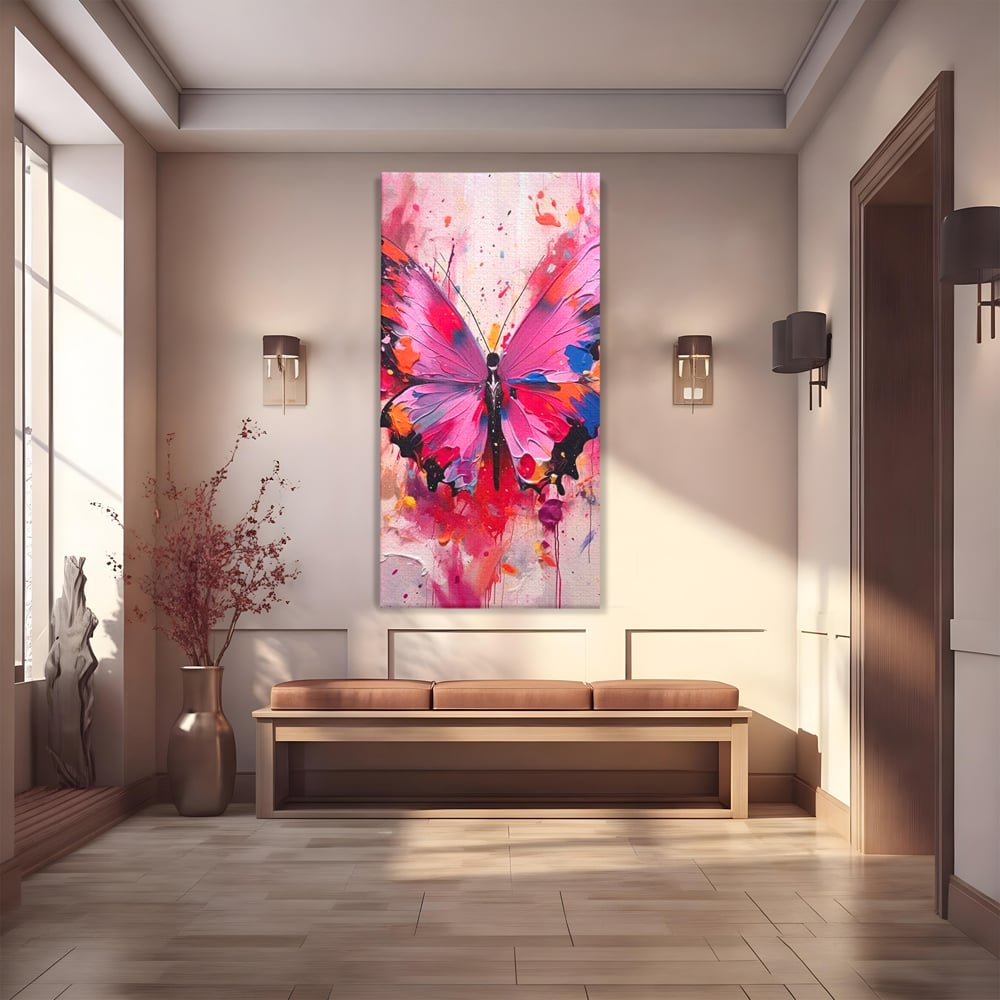Tablou Canvas Premium, LuxCanva® M1145, Magie in Roz, Fluture, Aripi, Insecta, Graffiti, Street Art, Modern, Multicolor, Roz, Pictura, Picaturi, Stropi, Abstract, Birou, Living, Camera Copil