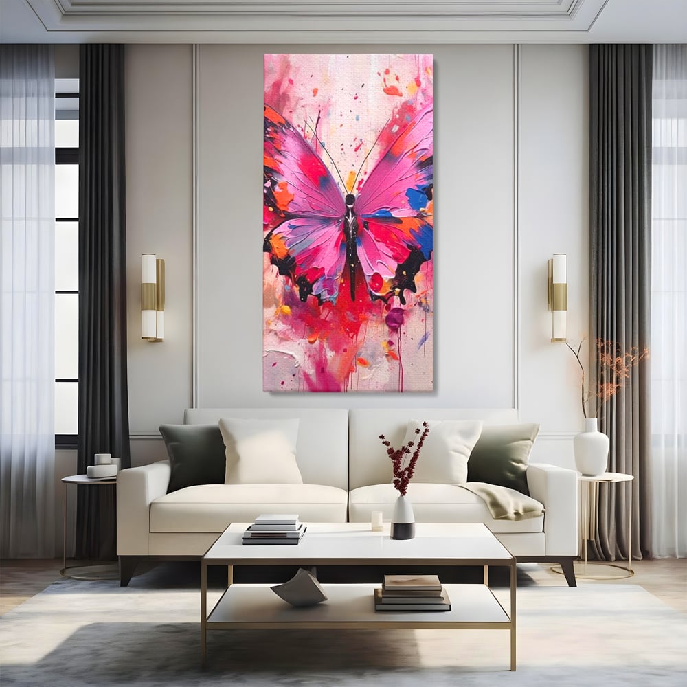 Tablou Canvas Premium, LuxCanva® M1145, Magie in Roz, Fluture, Aripi, Insecta, Graffiti, Street Art, Modern, Multicolor, Roz, Pictura, Picaturi, Stropi, Abstract, Birou, Living, Camera Copil
