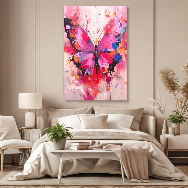 Tablou Canvas Premium, LuxCanva® M1145, Magie in Roz, Fluture, Aripi, Insecta, Graffiti, Street Art, Modern, Multicolor, Roz, Pictura, Picaturi, Stropi, Abstract, Birou, Living, Camera Copil