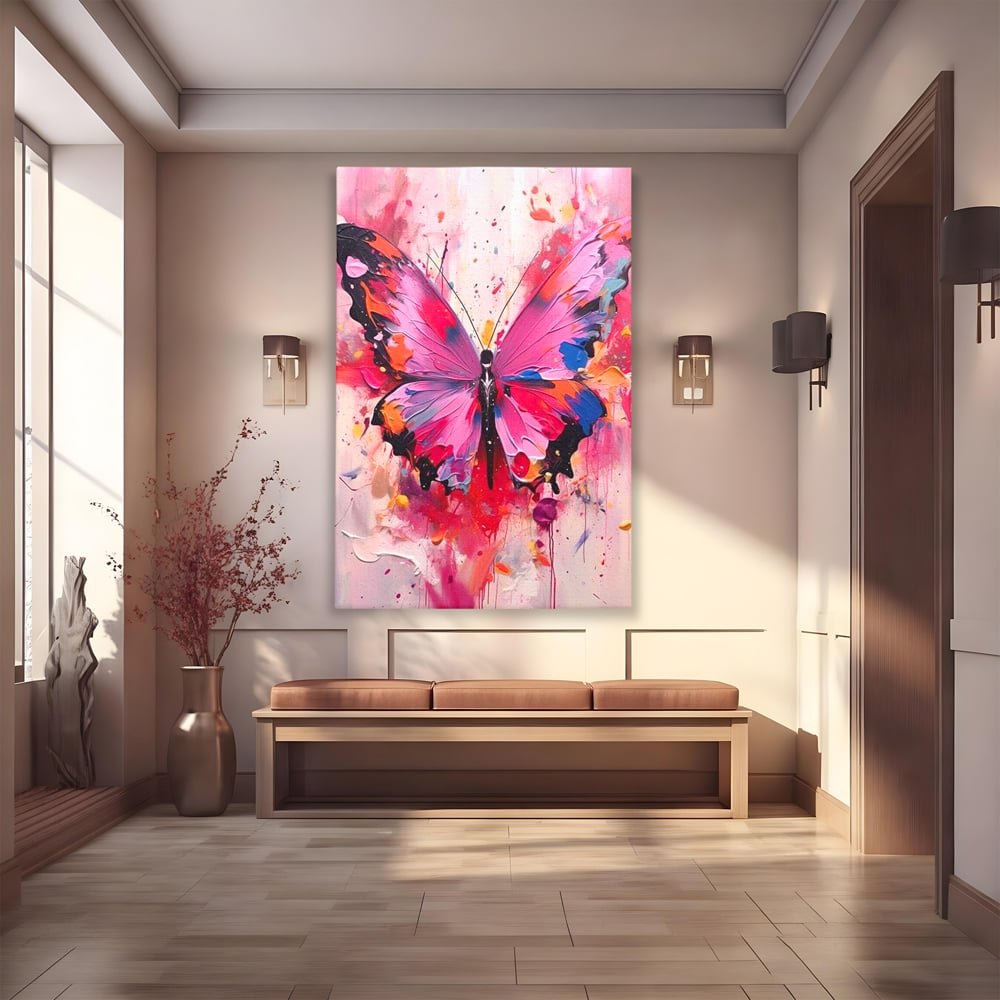 Tablou Canvas Premium, LuxCanva® M1145, Magie in Roz, Fluture, Aripi, Insecta, Graffiti, Street Art, Modern, Multicolor, Roz, Pictura, Picaturi, Stropi, Abstract, Birou, Living, Camera Copil