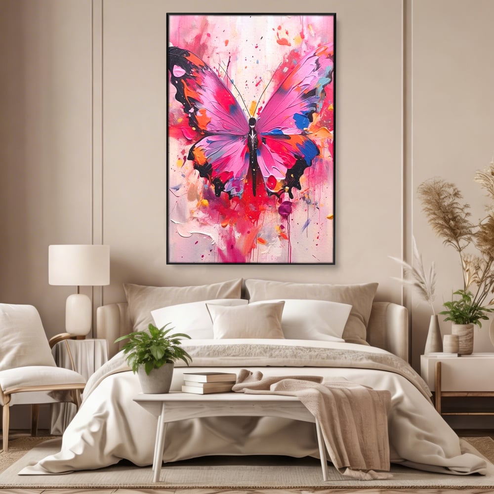 Tablou Canvas Premium, LuxCanva® M1145, Magie in Roz, Fluture, Aripi, Insecta, Graffiti, Street Art, Modern, Multicolor, Roz, Pictura, Picaturi, Stropi, Abstract, Birou, Living, Camera Copil