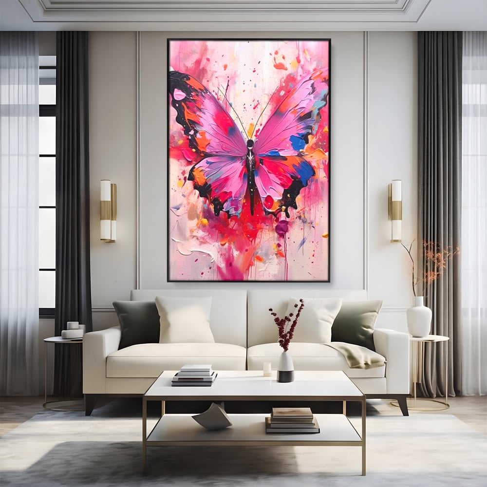 Tablou Canvas Premium, LuxCanva® M1145, Magie in Roz, Fluture, Aripi, Insecta, Graffiti, Street Art, Modern, Multicolor, Roz, Pictura, Picaturi, Stropi, Abstract, Birou, Living, Camera Copil