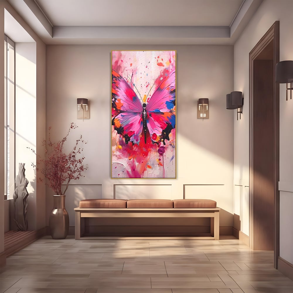 Tablou Canvas Premium, LuxCanva® M1145, Magie in Roz, Fluture, Aripi, Insecta, Graffiti, Street Art, Modern, Multicolor, Roz, Pictura, Picaturi, Stropi, Abstract, Birou, Living, Camera Copil