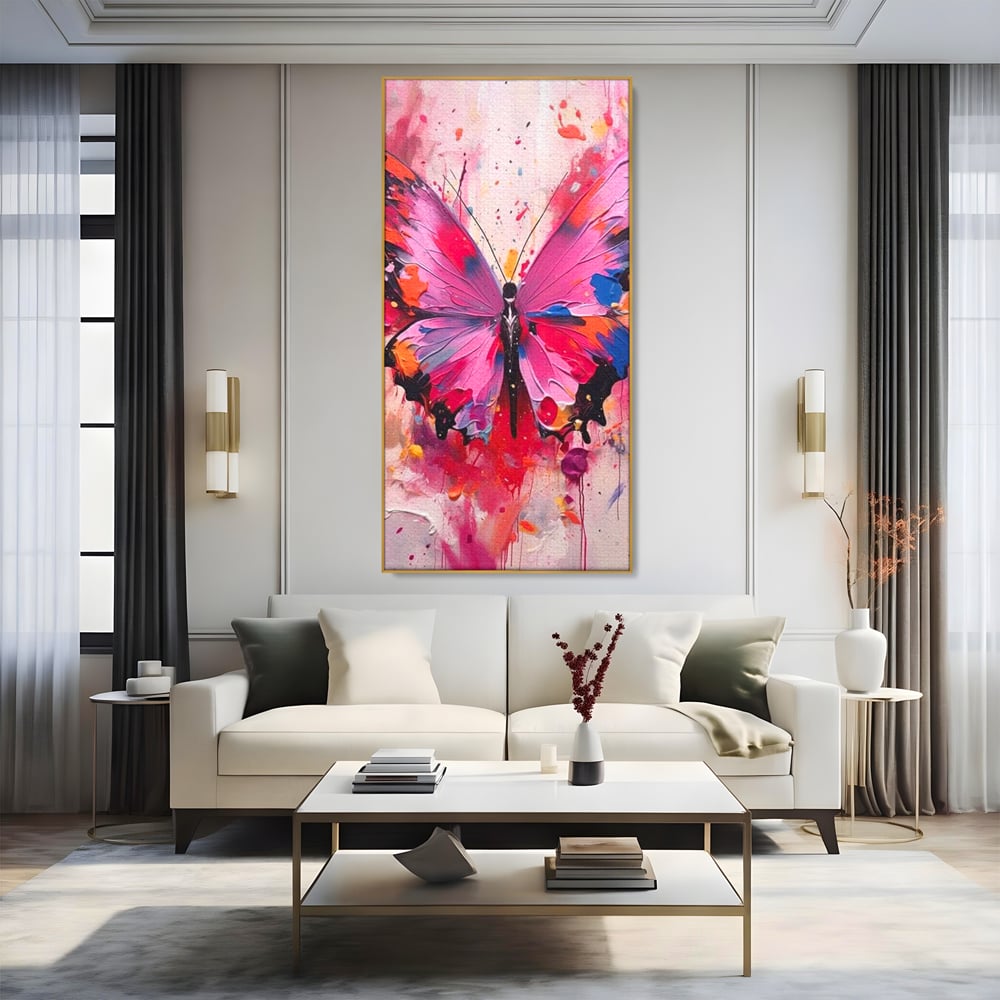 Tablou Canvas Premium, LuxCanva® M1145, Magie in Roz, Fluture, Aripi, Insecta, Graffiti, Street Art, Modern, Multicolor, Roz, Pictura, Picaturi, Stropi, Abstract, Birou, Living, Camera Copil