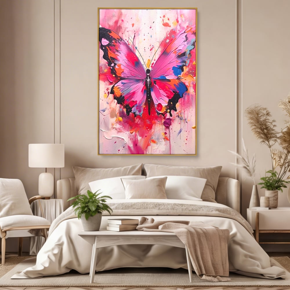 Tablou Canvas Premium, LuxCanva® M1145, Magie in Roz, Fluture, Aripi, Insecta, Graffiti, Street Art, Modern, Multicolor, Roz, Pictura, Picaturi, Stropi, Abstract, Birou, Living, Camera Copil
