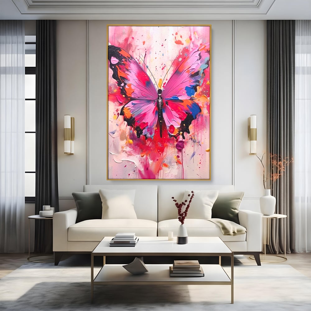 Tablou Canvas Premium, LuxCanva® M1145, Magie in Roz, Fluture, Aripi, Insecta, Graffiti, Street Art, Modern, Multicolor, Roz, Pictura, Picaturi, Stropi, Abstract, Birou, Living, Camera Copil