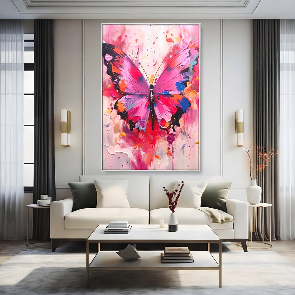 Tablou Canvas Premium, LuxCanva® M1145, Magie in Roz, Fluture, Aripi, Insecta, Graffiti, Street Art, Modern, Multicolor, Roz, Pictura, Picaturi, Stropi, Abstract, Birou, Living, Camera Copil