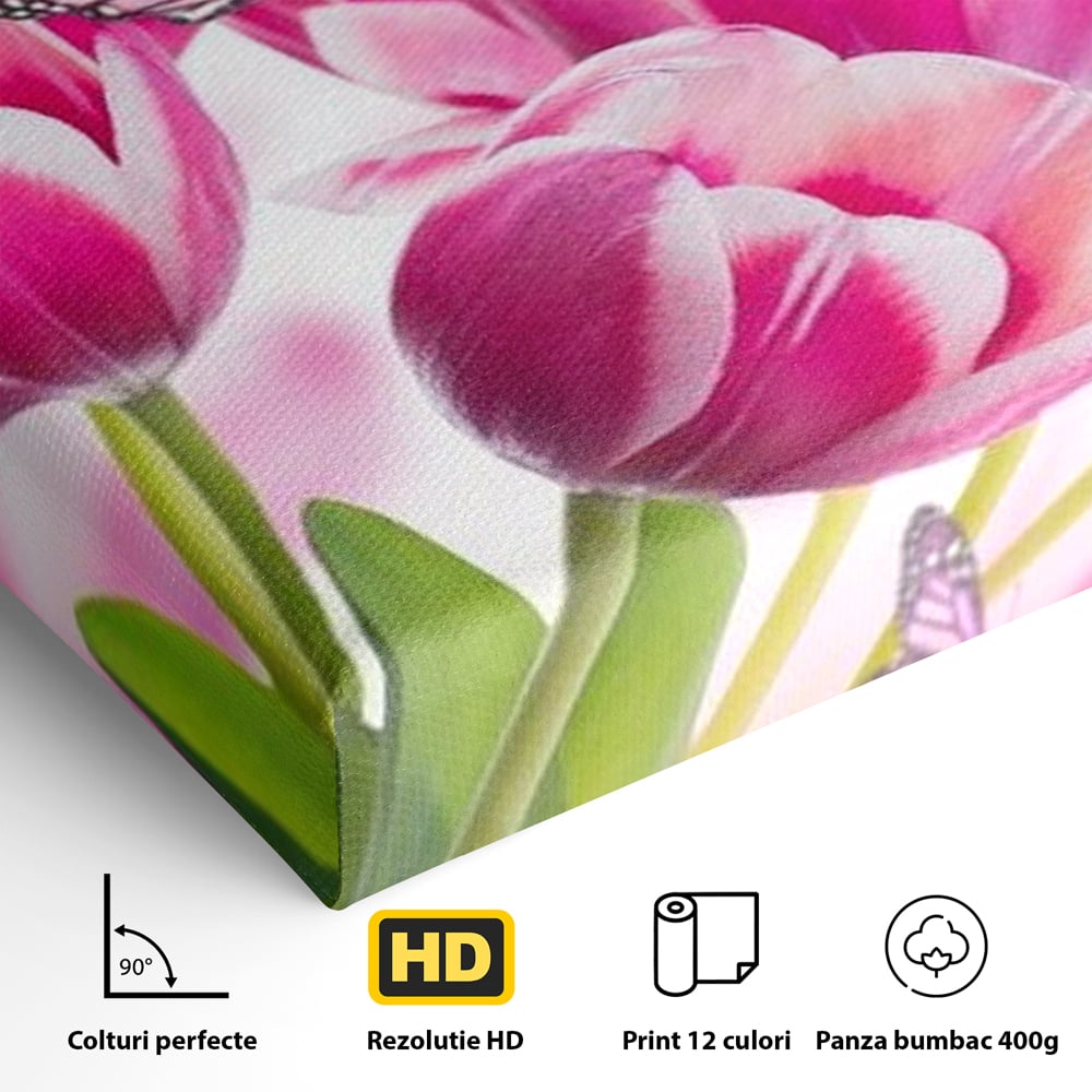 Tablou Canvas Premium, LuxCanva® M1146, Buchet de Primavara, Lalele, Flori, Petale, Roz, Fluturi, Insecte, Aripi, Zbor, Primavara, Feminin, Vis, Buchet, Birou, Living, Camera Copil