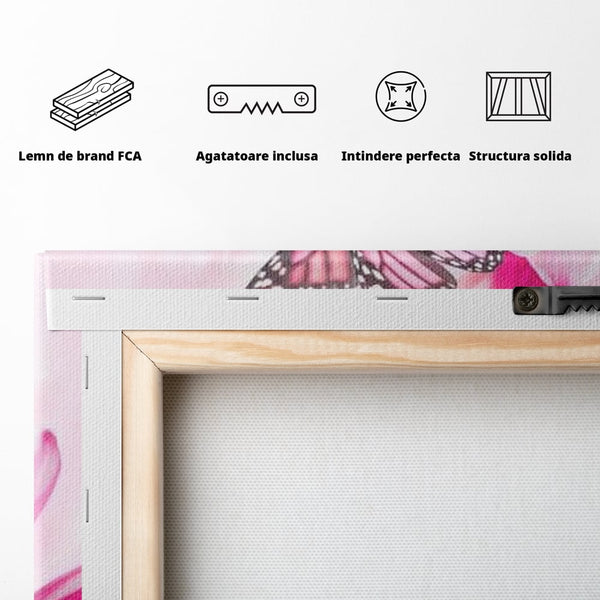 Tablou Canvas Premium, LuxCanva® M1146, Buchet de Primavara, Lalele, Flori, Petale, Roz, Fluturi, Insecte, Aripi, Zbor, Primavara, Feminin, Vis, Buchet, Birou, Living, Camera Copil