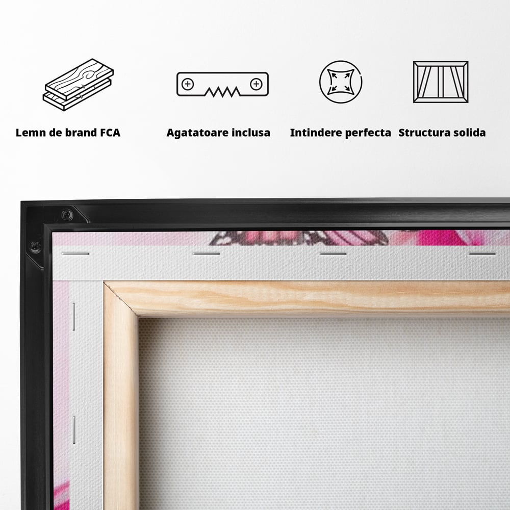 Tablou Canvas Premium, LuxCanva® M1146, Buchet de Primavara, Lalele, Flori, Petale, Roz, Fluturi, Insecte, Aripi, Zbor, Primavara, Feminin, Vis, Buchet, Birou, Living, Camera Copil