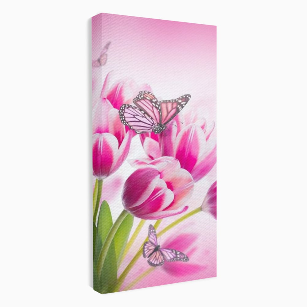 Tablou Canvas Premium, LuxCanva® M1146, Buchet de Primavara, Lalele, Flori, Petale, Roz, Fluturi, Insecte, Aripi, Zbor, Primavara, Feminin, Vis, Buchet, Birou, Living, Camera Copil