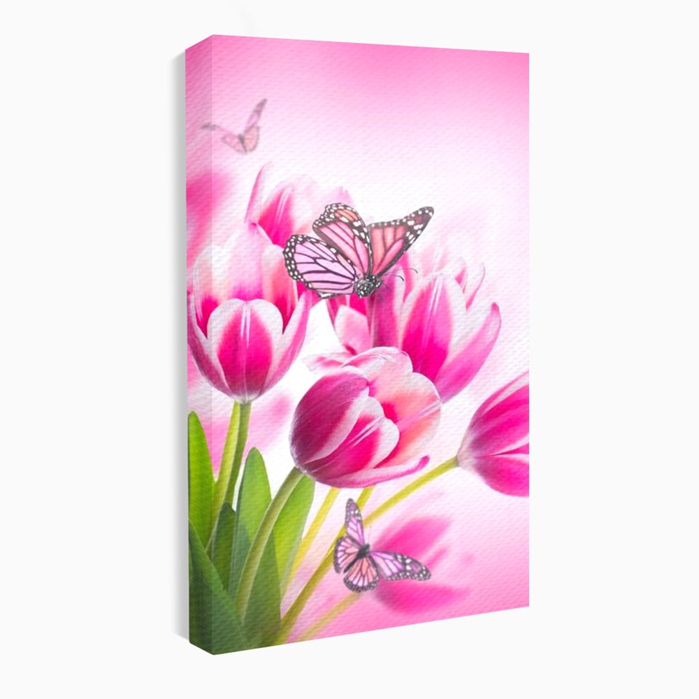 Tablou Canvas Premium, LuxCanva® M1146, Buchet de Primavara, Lalele, Flori, Petale, Roz, Fluturi, Insecte, Aripi, Zbor, Primavara, Feminin, Vis, Buchet, Birou, Living, Camera Copil