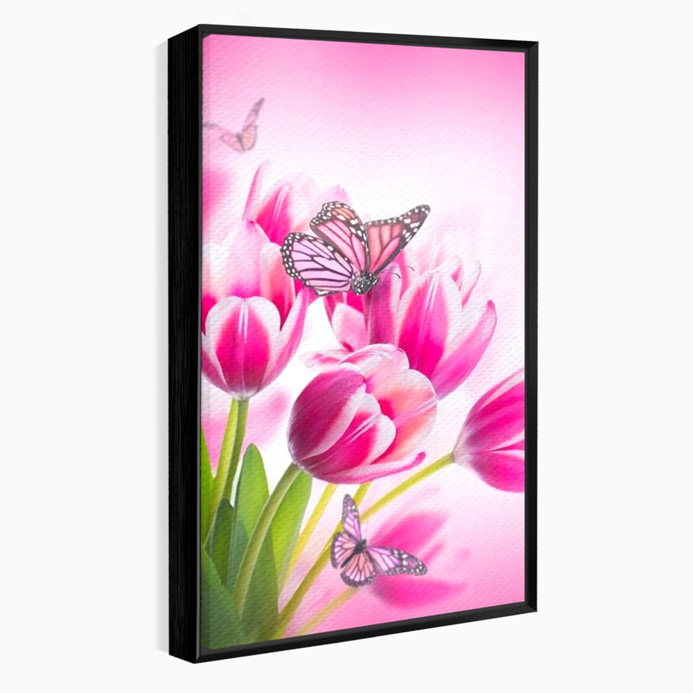 Tablou Canvas Premium, LuxCanva® M1146, Buchet de Primavara, Lalele, Flori, Petale, Roz, Fluturi, Insecte, Aripi, Zbor, Primavara, Feminin, Vis, Buchet, Birou, Living, Camera Copil