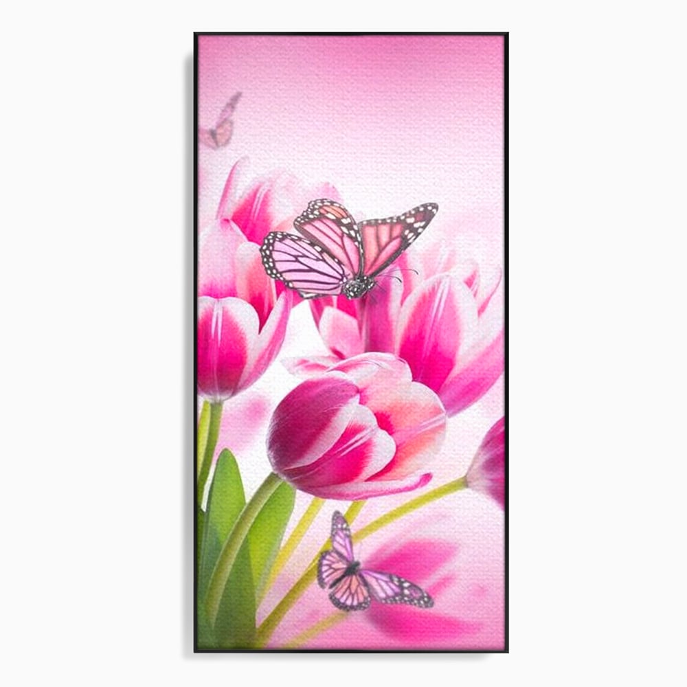 Tablou Canvas Premium, LuxCanva® M1146, Buchet de Primavara, Lalele, Flori, Petale, Roz, Fluturi, Insecte, Aripi, Zbor, Primavara, Feminin, Vis, Buchet, Birou, Living, Camera Copil